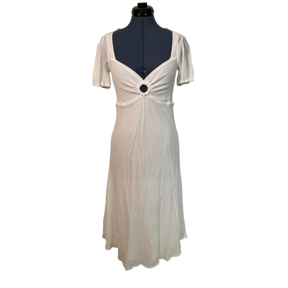 Altar'd State White O Ring Sweetheart Midi Dress Puff Sleeves Ethereal Coastal M